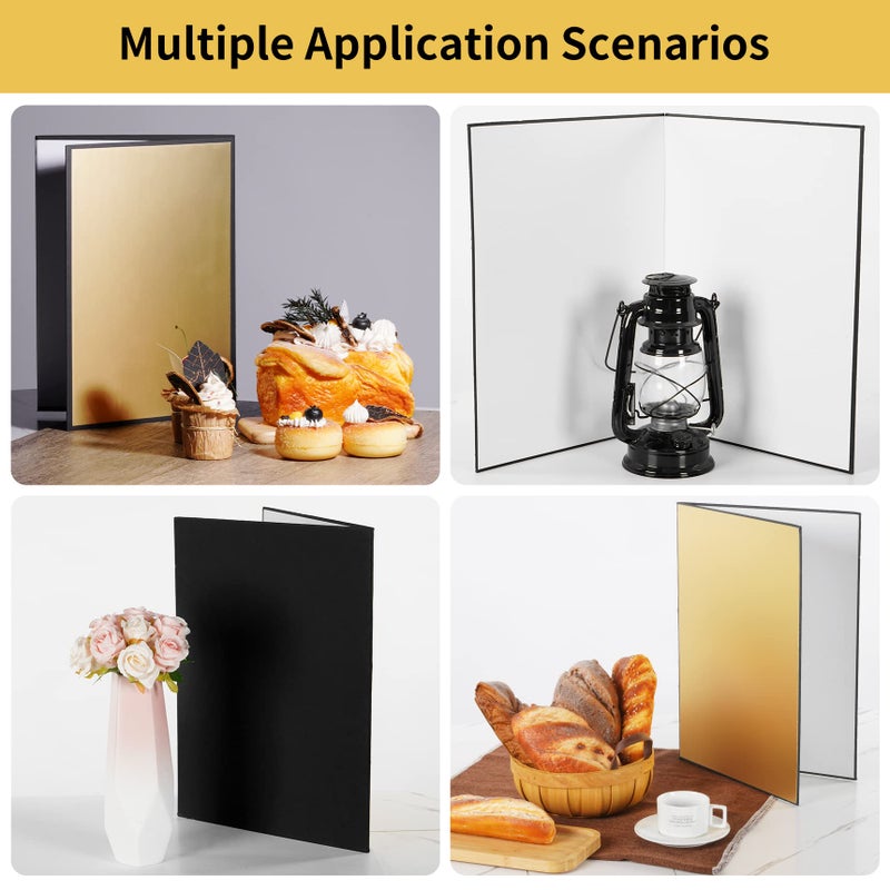 Meking 17" x 12"/43 x 30cm Light Reflector Photography Cardboard, 3-in-1 Studio Foldable Light Diffuser Board for Still Life Product and Food Photo Shooting - Gold, Black, White - Image 3